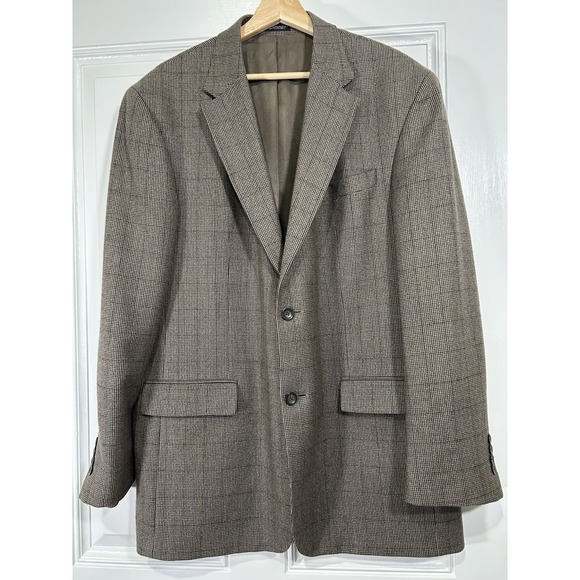 Oscar de la Renta Sport Coat Lambswool Cashmere‎ 44L Brown Houndstooth - Picture 1 of 12